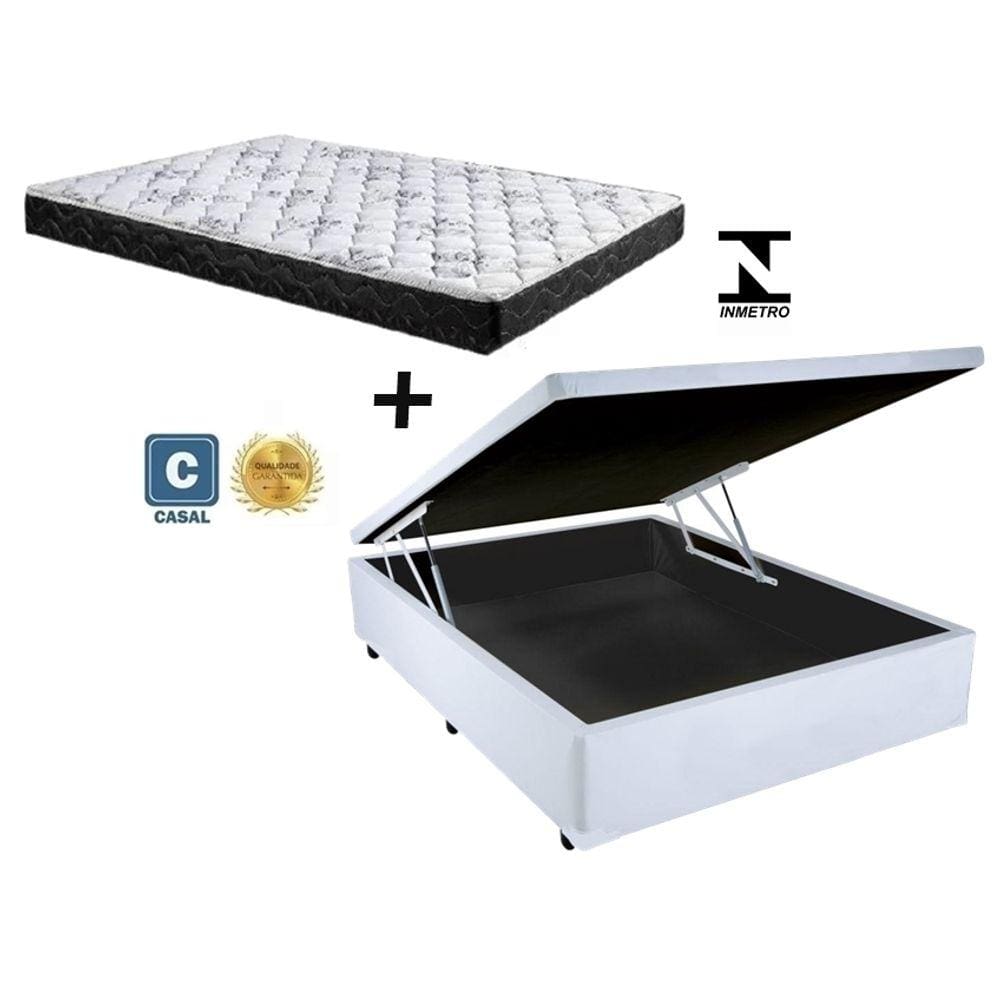 Cama Box Baú Casal Sono Sintético Branco + Colchão Casal Sono Espuma D33 Com EPS 26x138x188