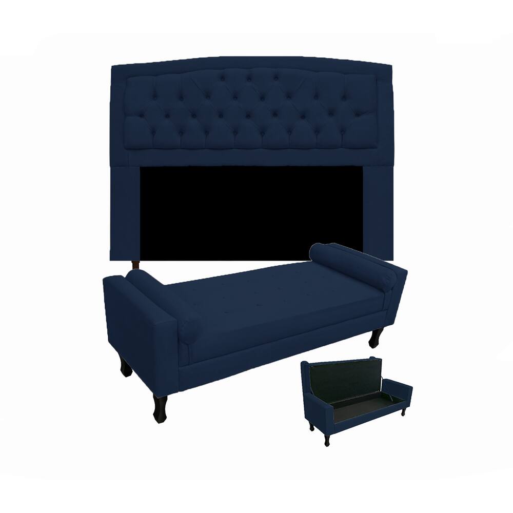 Cabeceira Geovana + Calçadeira Fênix Para Quarto Casal 140cm Suede Azul Marinho - LM DECOR