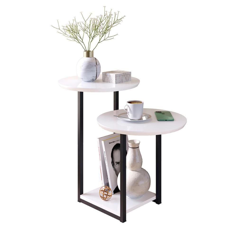 Mesa Lateral Mesinha Sala Quarto Industrial Pés de Ferro Luiza - Branco/Preto - RPM Móveis