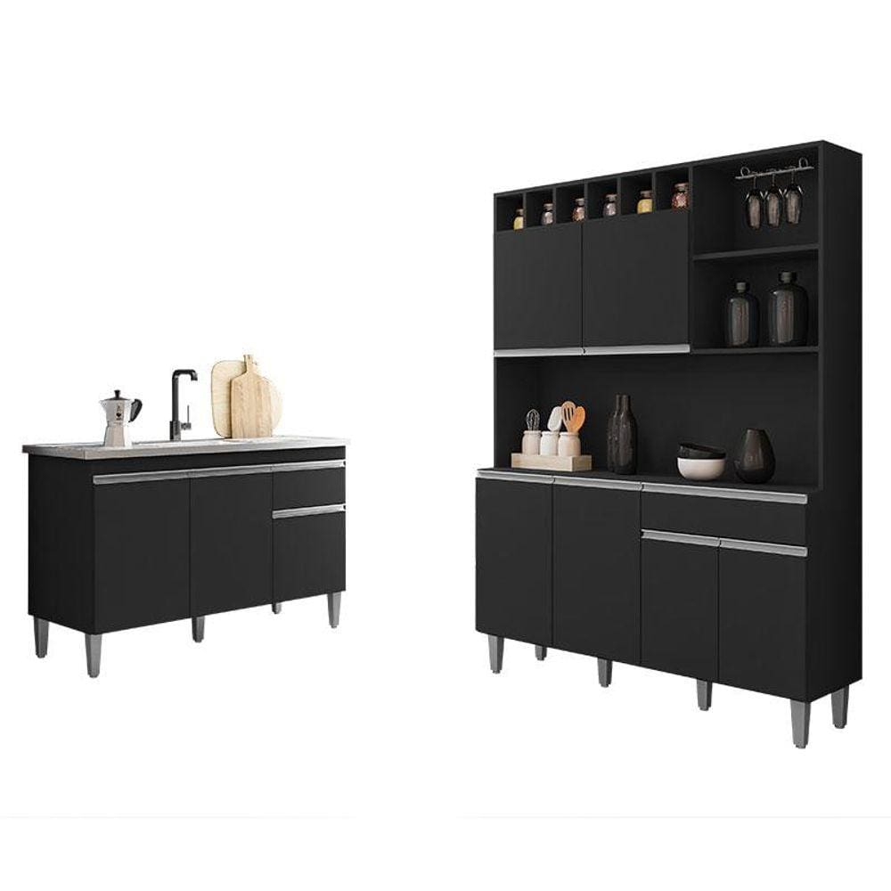 Balcão de Pia Tatiane 120 cm e Armário Cozinha Kit Alice Preto Fosco - AJL