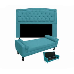 Conjunto Cabeceira Geovana + Calçadeira Fênix Casal 140cm Suede Azul Turquesa - LM DECOR
