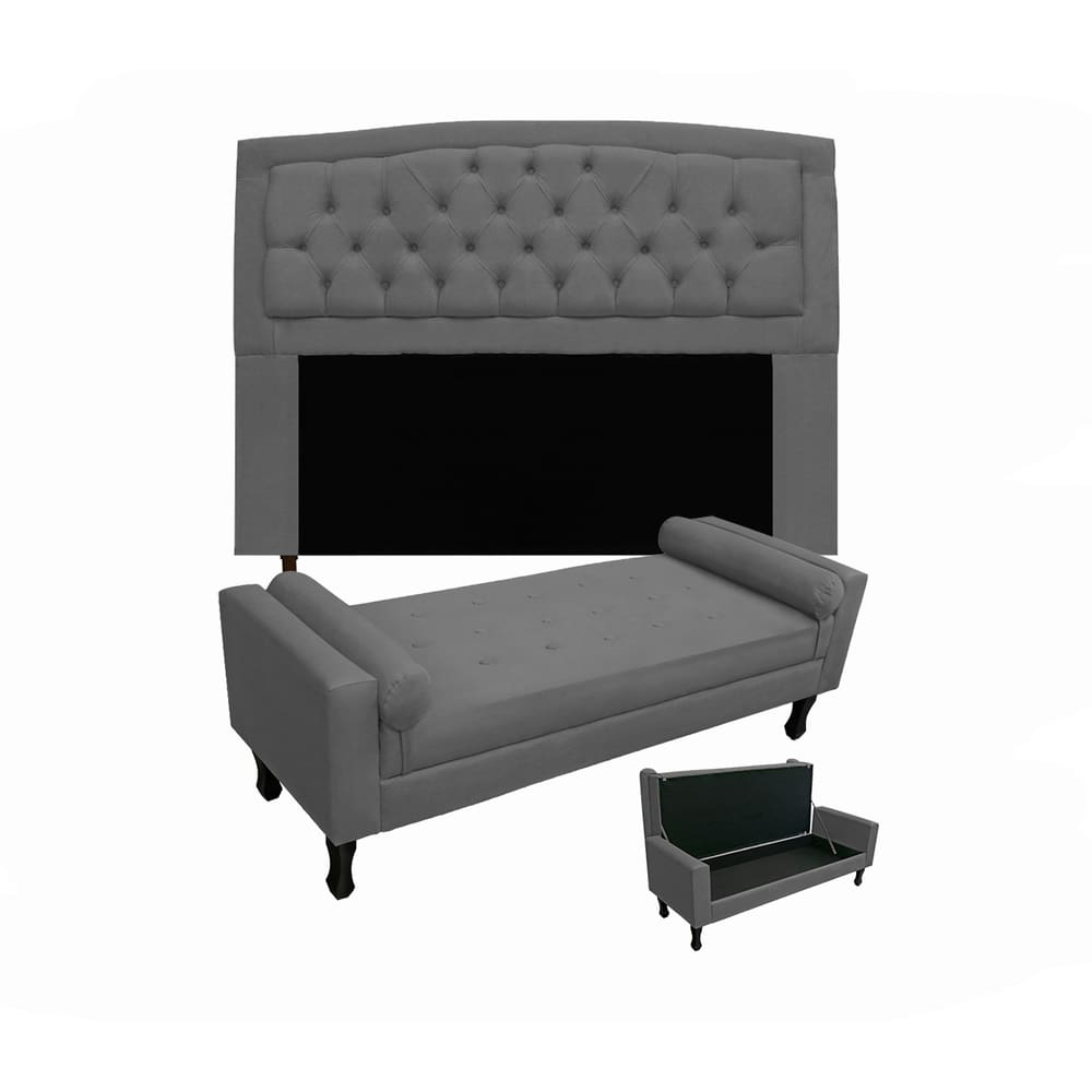 Cabeceira Geovana + Calçadeira Fênix Para Quarto Queen 160cm Suede Cinza - LM DECOR