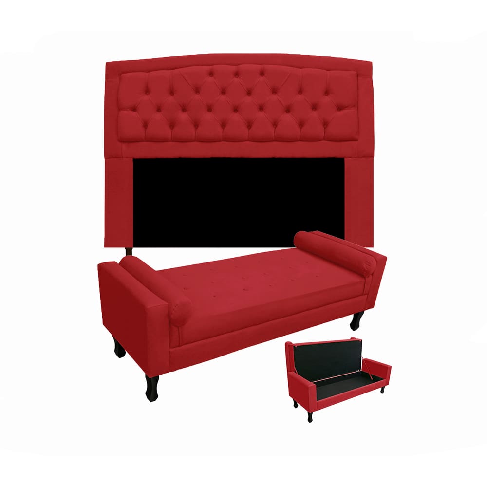 Cabeceira Geovana + Calçadeira Fênix Para Quarto King 195cm Suede Vermelho - LM DECOR