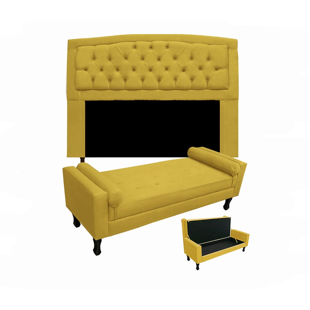 Conjunto Cabeceira Geovana + Calçadeira Fênix Solteiro 90cm Suede Amarelo - LM DECOR