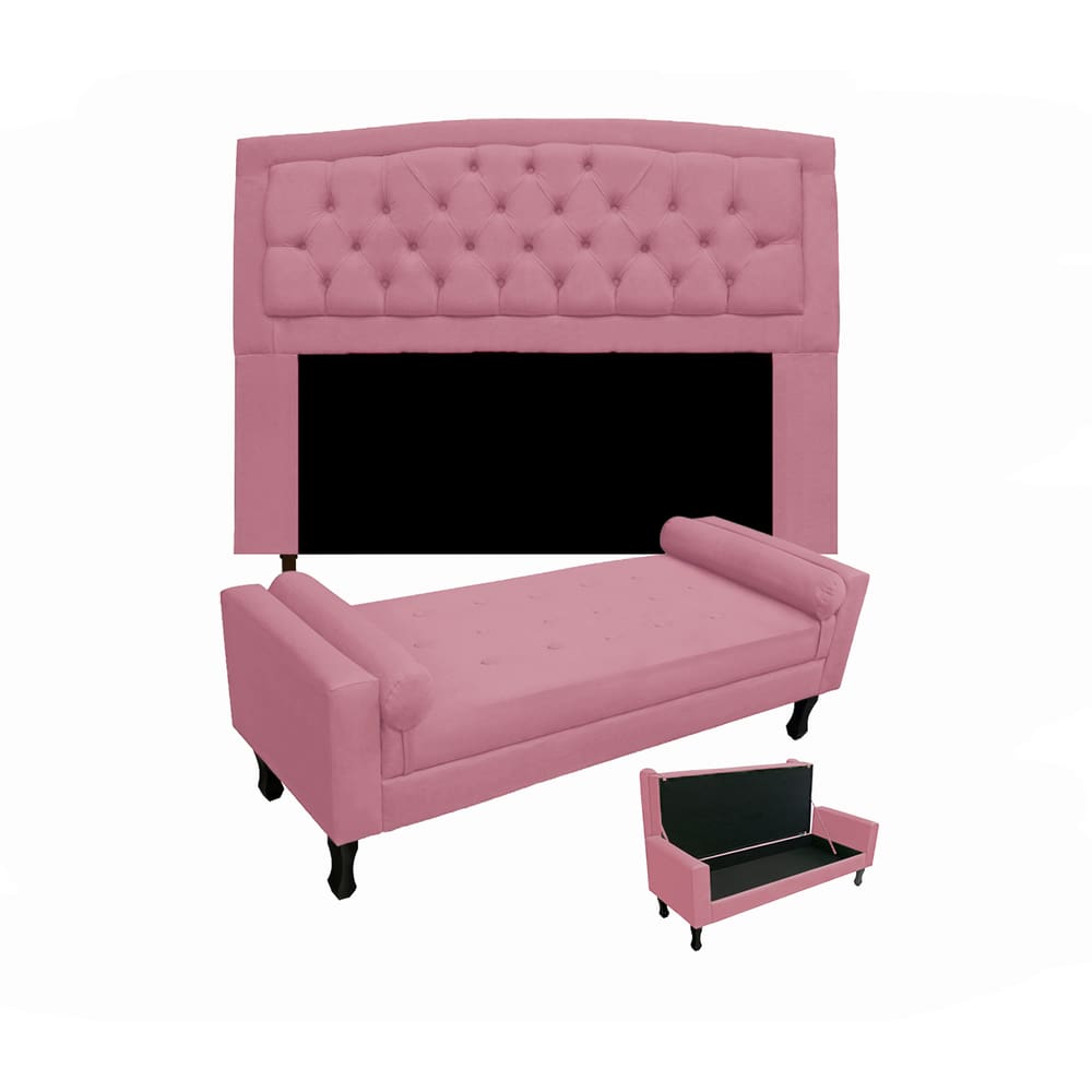Cabeceira Geovana + Calçadeira Fênix Para Quarto Casal 140cm Suede Rosa Barbie - LM DECOR