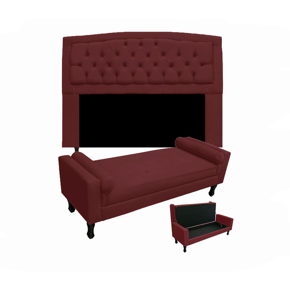 Conjunto Cabeceira Geovana + Calçadeira Fênix Solteiro 90cm Suede Vermelho Bordo - LM DECOR