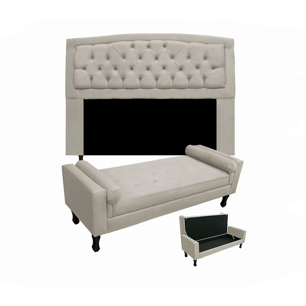 Cabeceira Geovana + Calçadeira Fênix Para Quarto Solteiro 90cm Suede Bege - LM DECOR