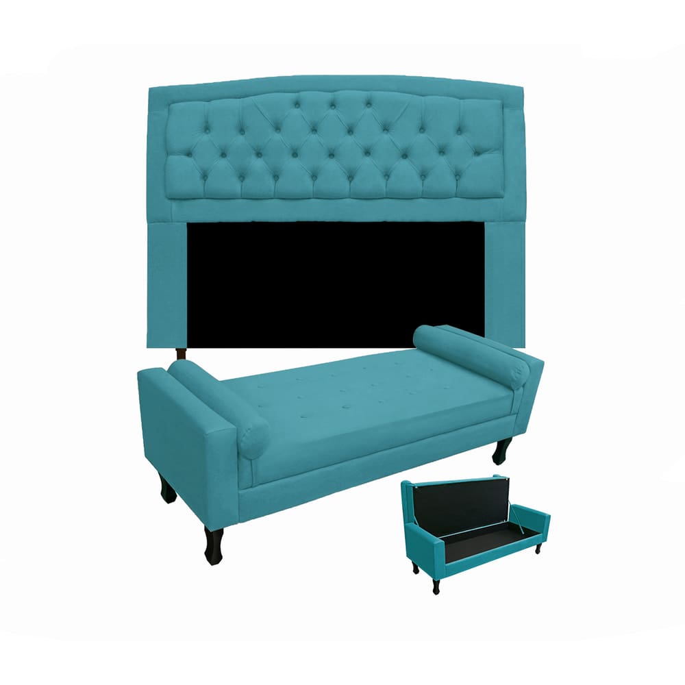 Cabeceira Geovana + Calçadeira Fênix Para Quarto Casal 140cm Suede Azul Turquesa - LM DECOR