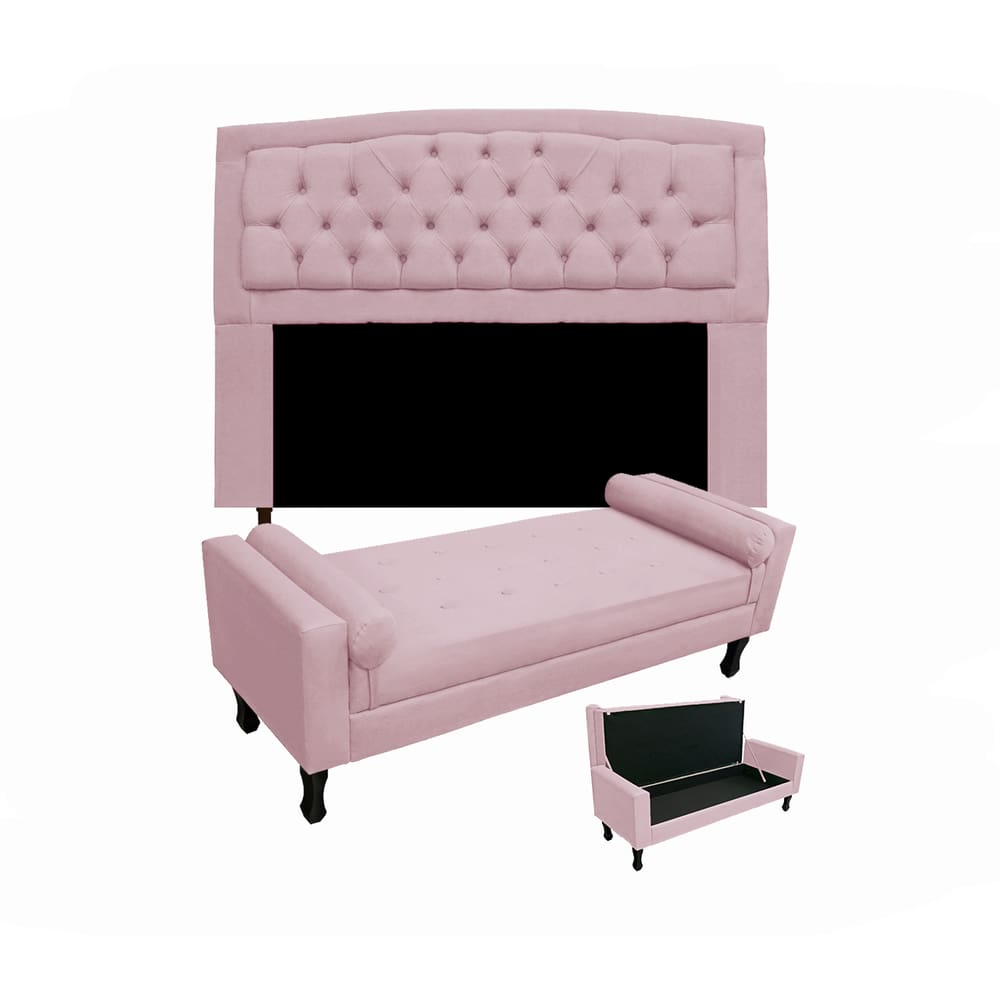 Conjunto Cabeceira Geovana + Calçadeira Fênix Solteiro 90cm Suede Rosa Bebe - LM DECOR