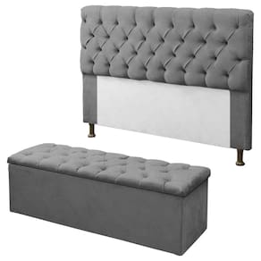 Kit Cabeceira + Calçadeira Baú Mirage Solteiro 90cm Cinza - LM DECOR