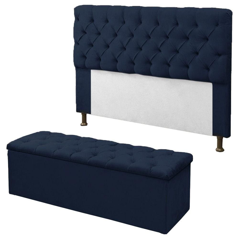 Kit Cabeceira + Calçadeira Baú Mirage King 195cm Azul Marinho - LM DECOR