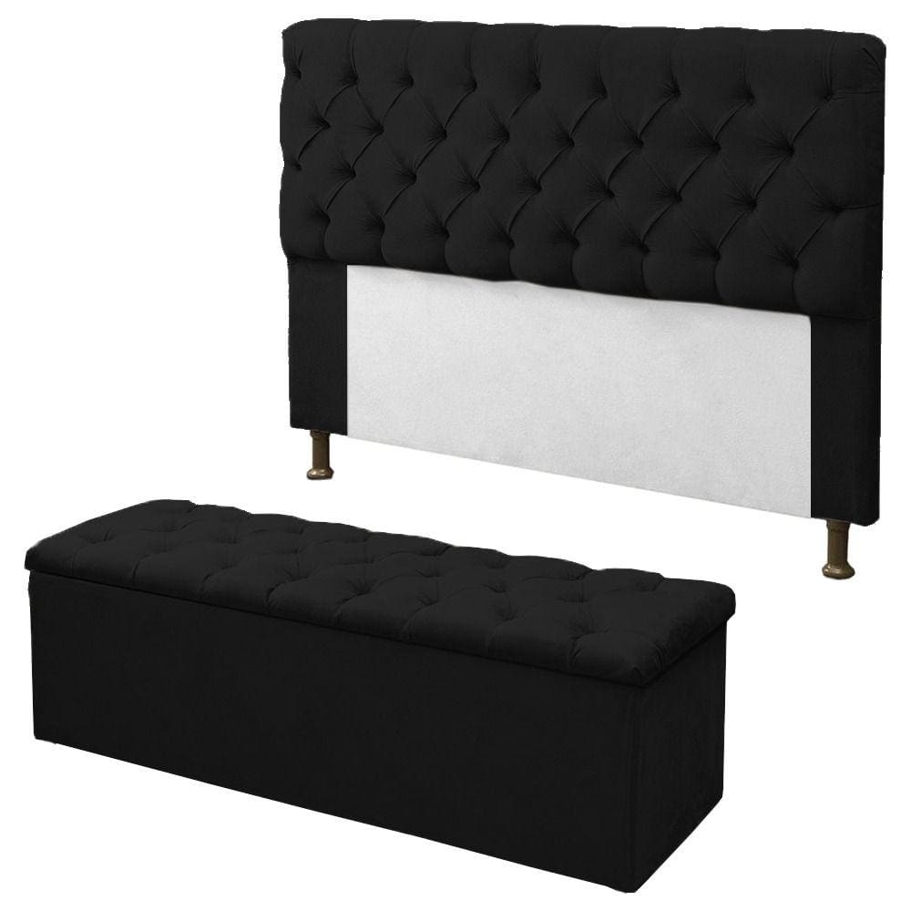 Kit Cabeceira + Calçadeira Baú Mirage King 195cm Preto - LM DECOR