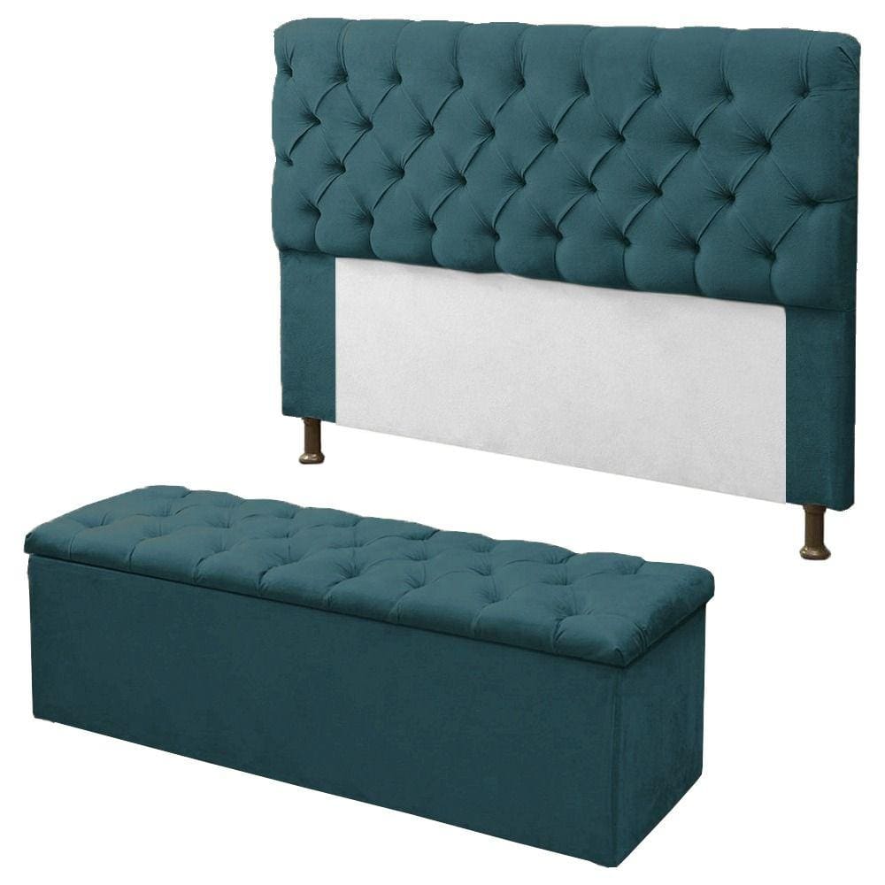 Kit Cabeceira + Calçadeira Baú Mirage King 195cm Azul Turquesa - LM DECOR