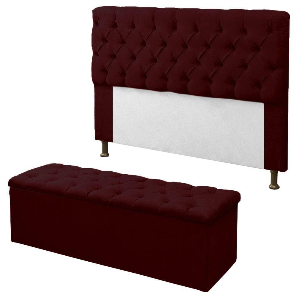 Kit Cabeceira + Calçadeira Baú Mirage Casal 140cm Vermelho Bordo - LM DECOR