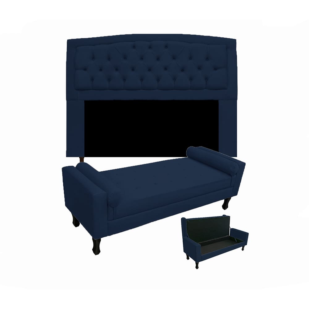 Jogo Cabeceira Geovana + Calçadeira Fênix King 195cm Suede Azul Marinho - LM DECOR