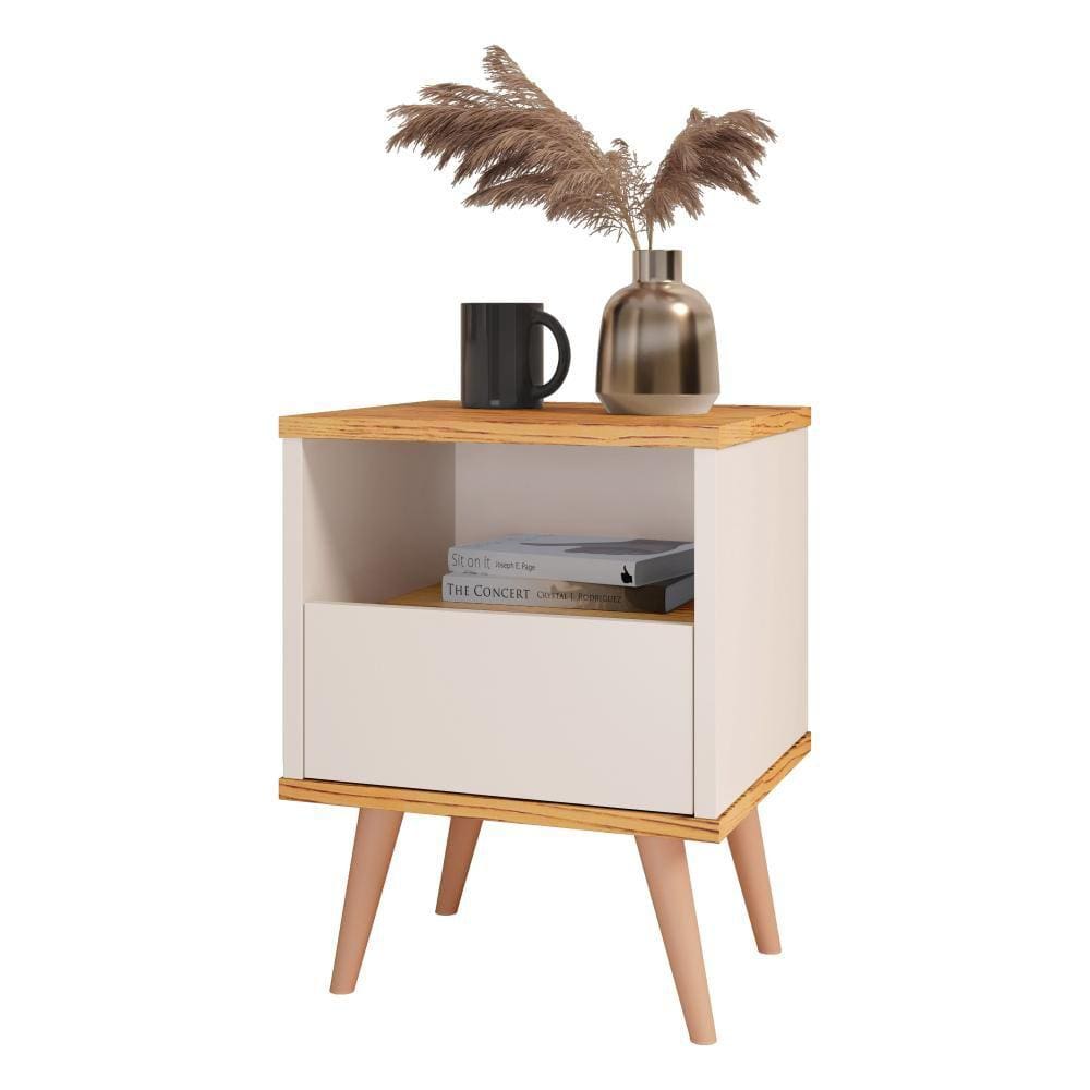 Mesa de Cabeceira Decoração Para Quarto Com Nicho e Gaveta Retrô Fox - Off White/Nature - Lojas RPM