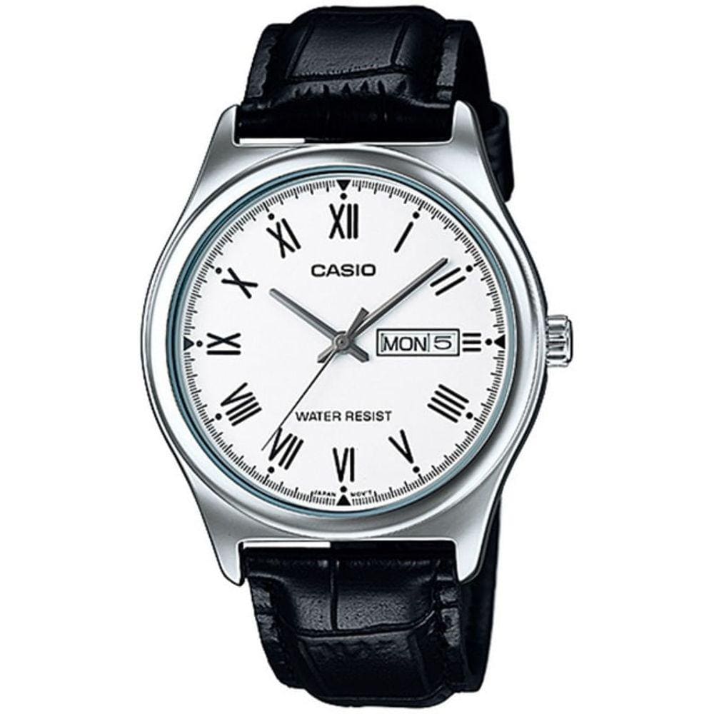 Relógio CASIO masculino prata couro preto MTP-V006L-7BUDF