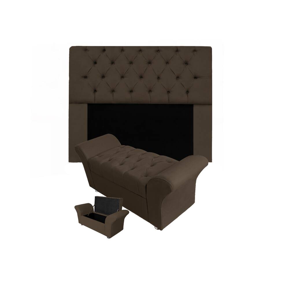 Conjunto Cabeceira Mirage e Calçadeira Baú Veneza Queen 160 cm Suede Marrom - LM DECOR