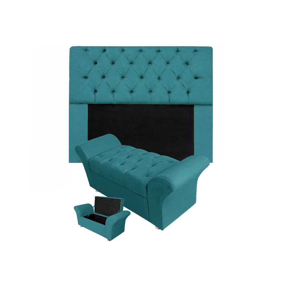 Conjunto Cabeceira Mirage e Calçadeira Baú Veneza Queen 160 cm Suede Azul Turquesa - LM DECOR