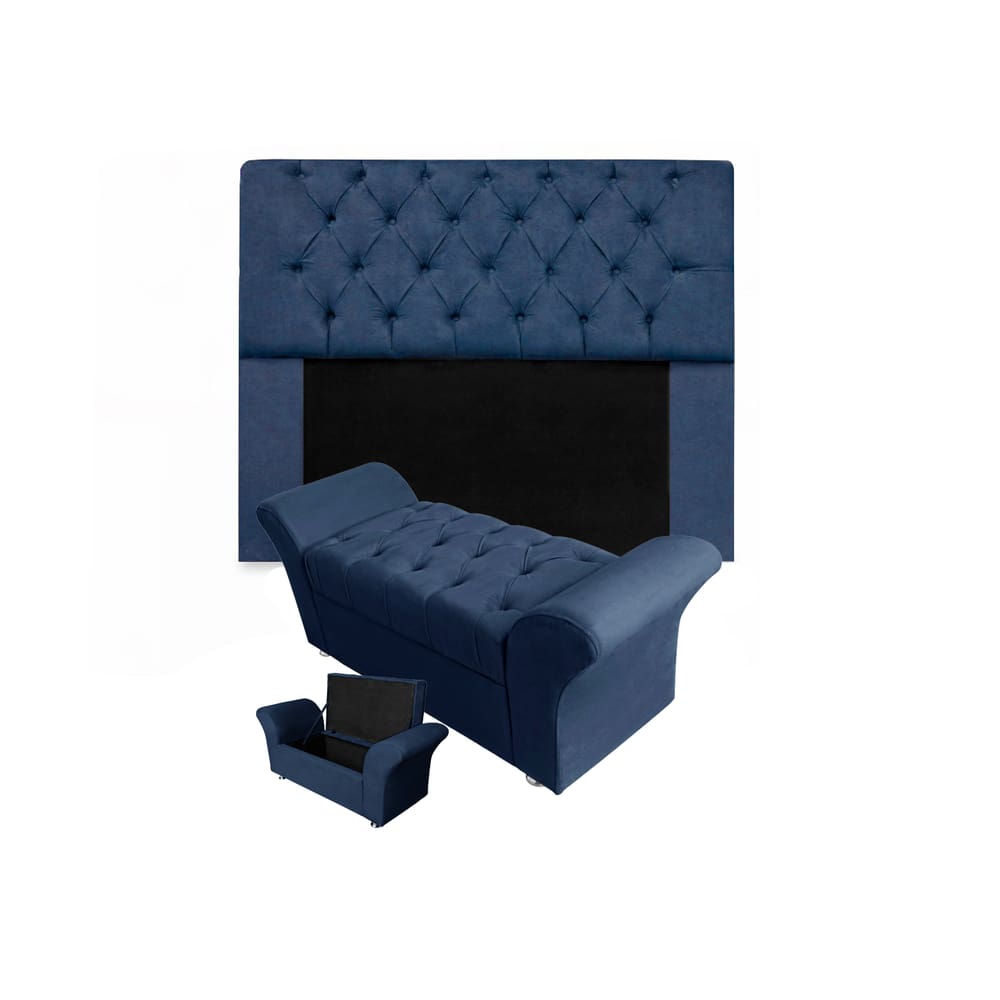 Conjunto Cabeceira Mirage e Calçadeira Baú Veneza King 195 cm Suede Azul Marinho - LM DECOR