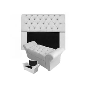 Kit Cabeceira Mirage e Calçadeira Baú Veneza Solteiro 90 cm Suede Branco - LM DECOR