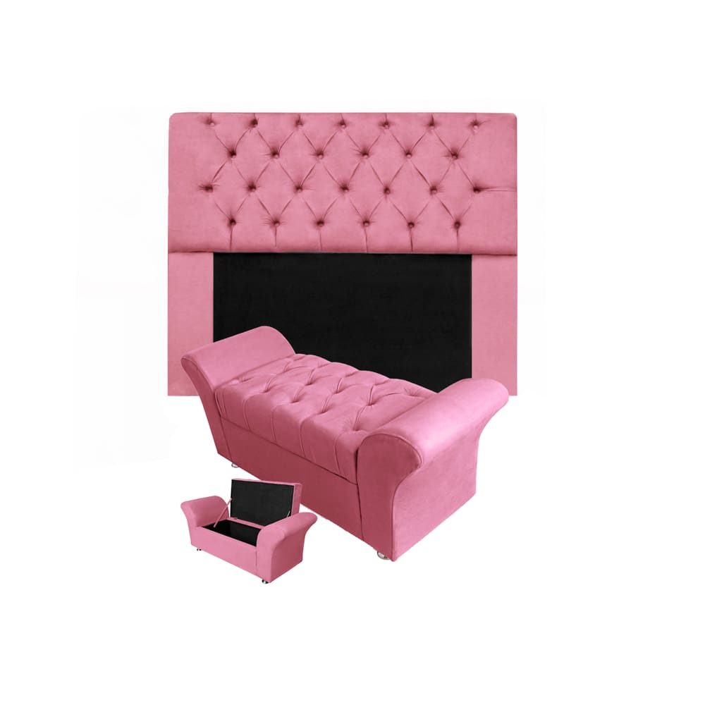 Kit Cabeceira Mirage e Calçadeira Baú Veneza Casal 140 cm Suede Rosa Barbie - LM DECOR