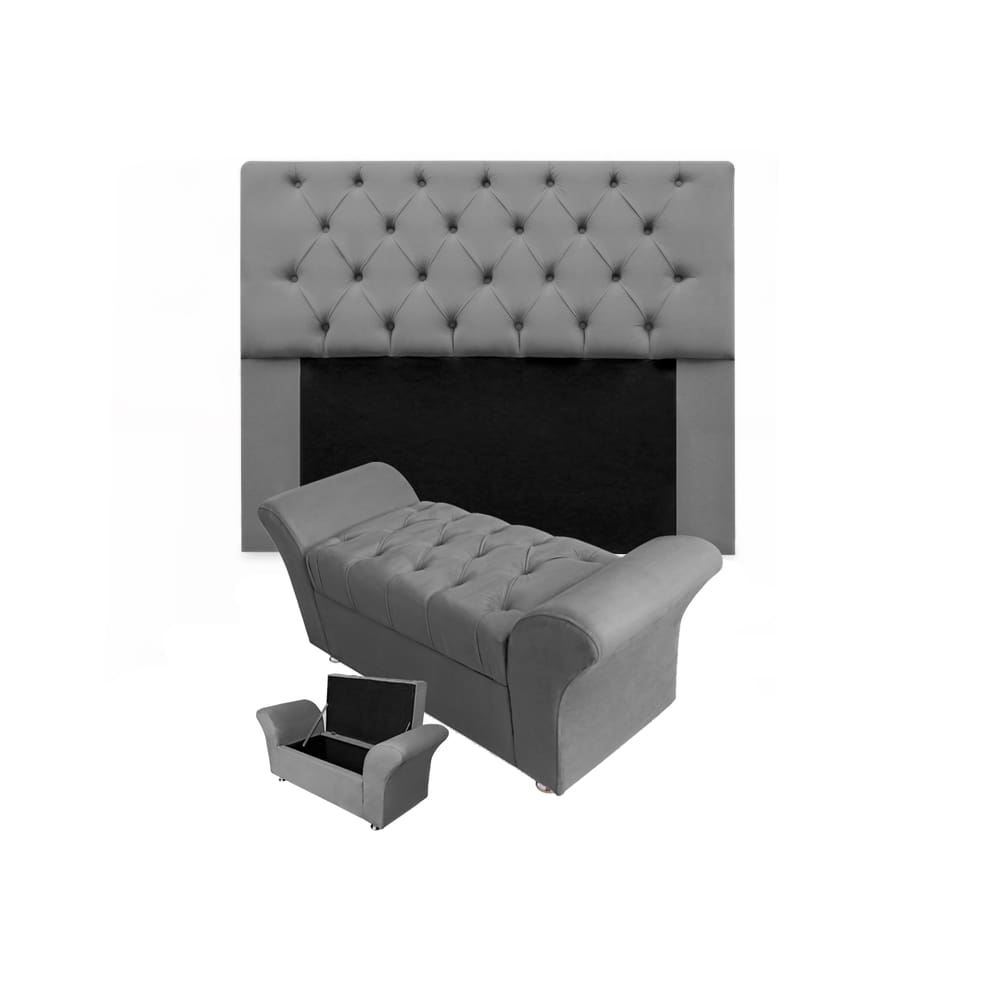 Kit Cabeceira Mirage e Calçadeira Baú Veneza Casal 140 cm Suede Cinza - LM DECOR