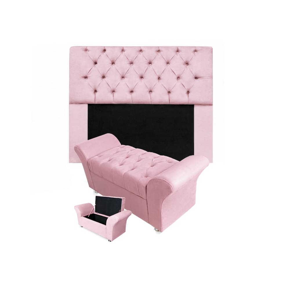 Conjunto Cabeceira Mirage e Calçadeira Baú Veneza Casal 140 cm Suede Rosa Bebe - LM DECOR