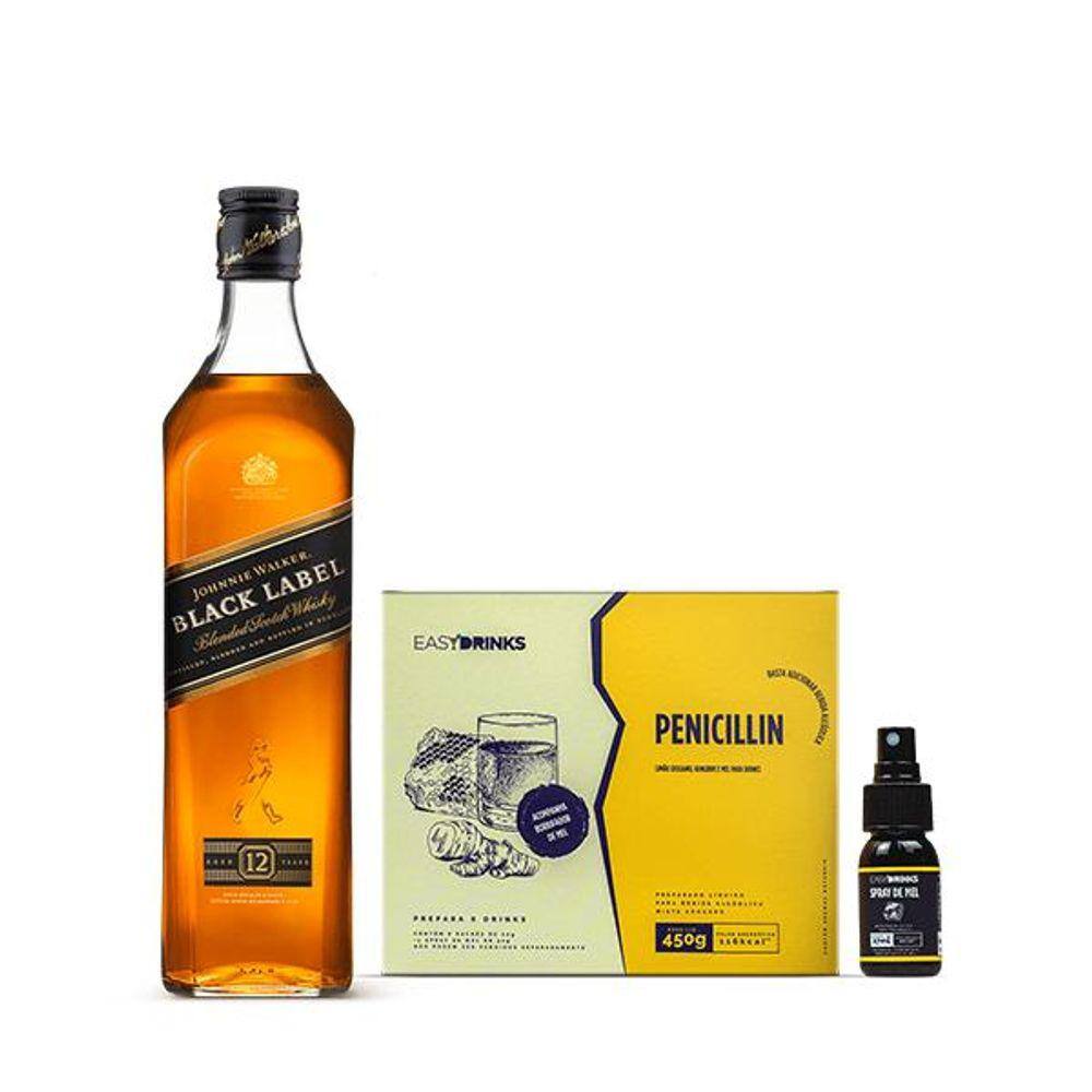Combo Penicillin Whisky Black Label 1L + Cartucho com 6 Saches de Uma Mistura de Limão Siciliano E Gengibre + Borrifador de Mel Líquido