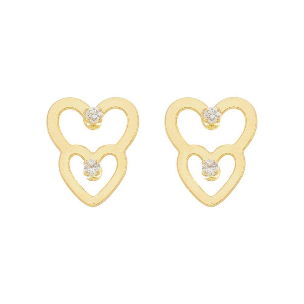 Brinco Coração Duplo com Zircônia Folheado em Ouro 18K