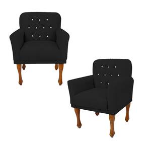 Conjunto 2 Cadeira Poltrona Estofada Com Botões de Strass Anitta Suede Preto LM DECOR