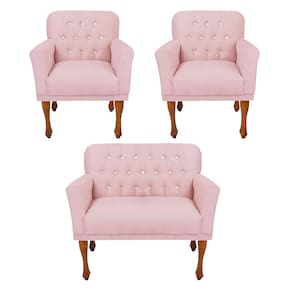 Conjunto 2 Poltrona e Namoradeira Estofada Com Botões de Strass Anitta Corano Rosa Bebe LM DECOR