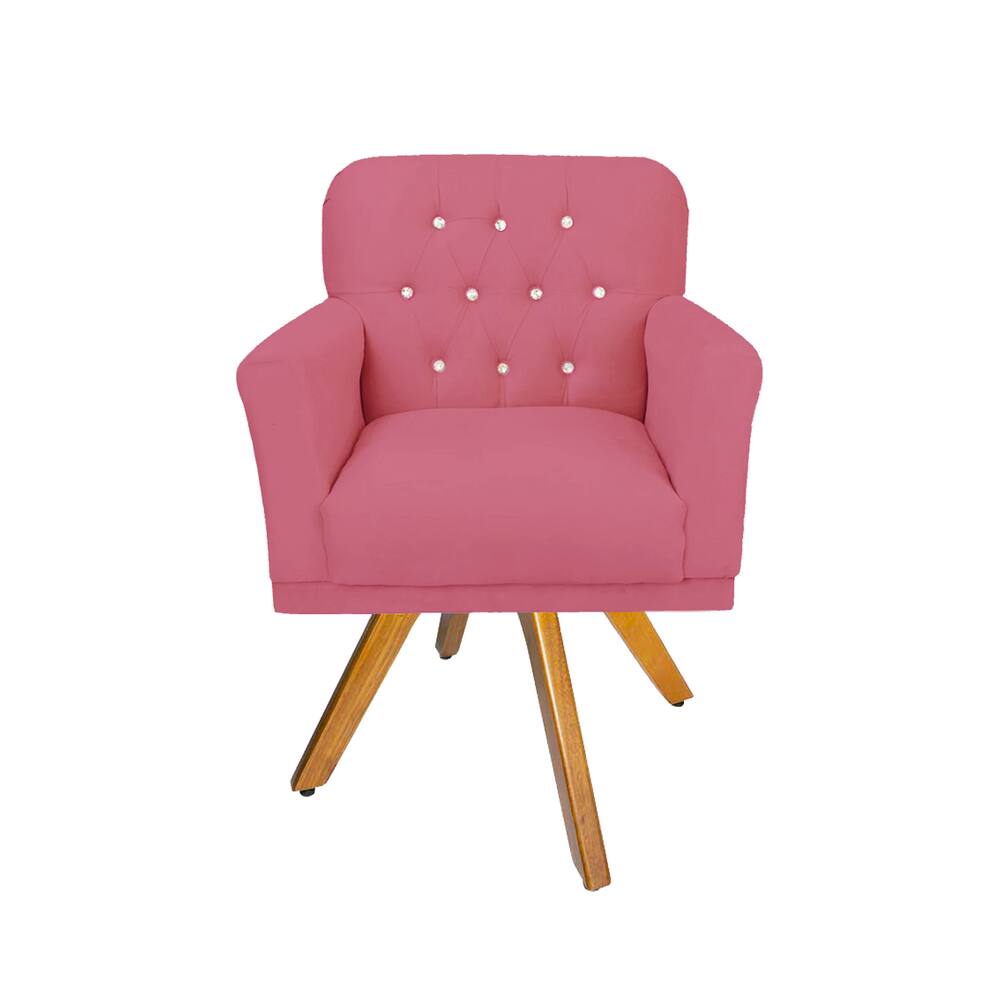Poltrona Decorativa Estofada Com Base Giratória de Madeira Anitta Suede Rosa Barbie LM DECOR