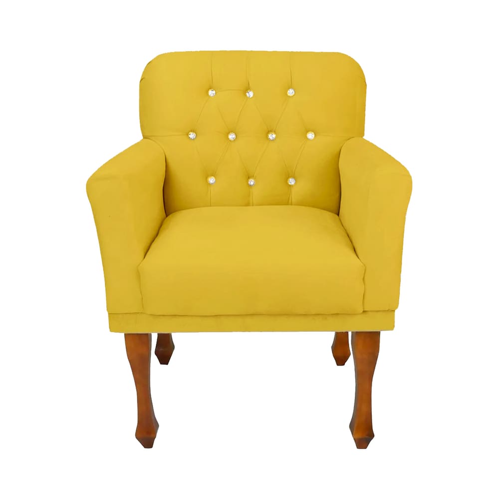 Cadeira Poltrona Estofada Com Botões de Strass Para Clínica Anitta Corano Amarelo LM DECOR