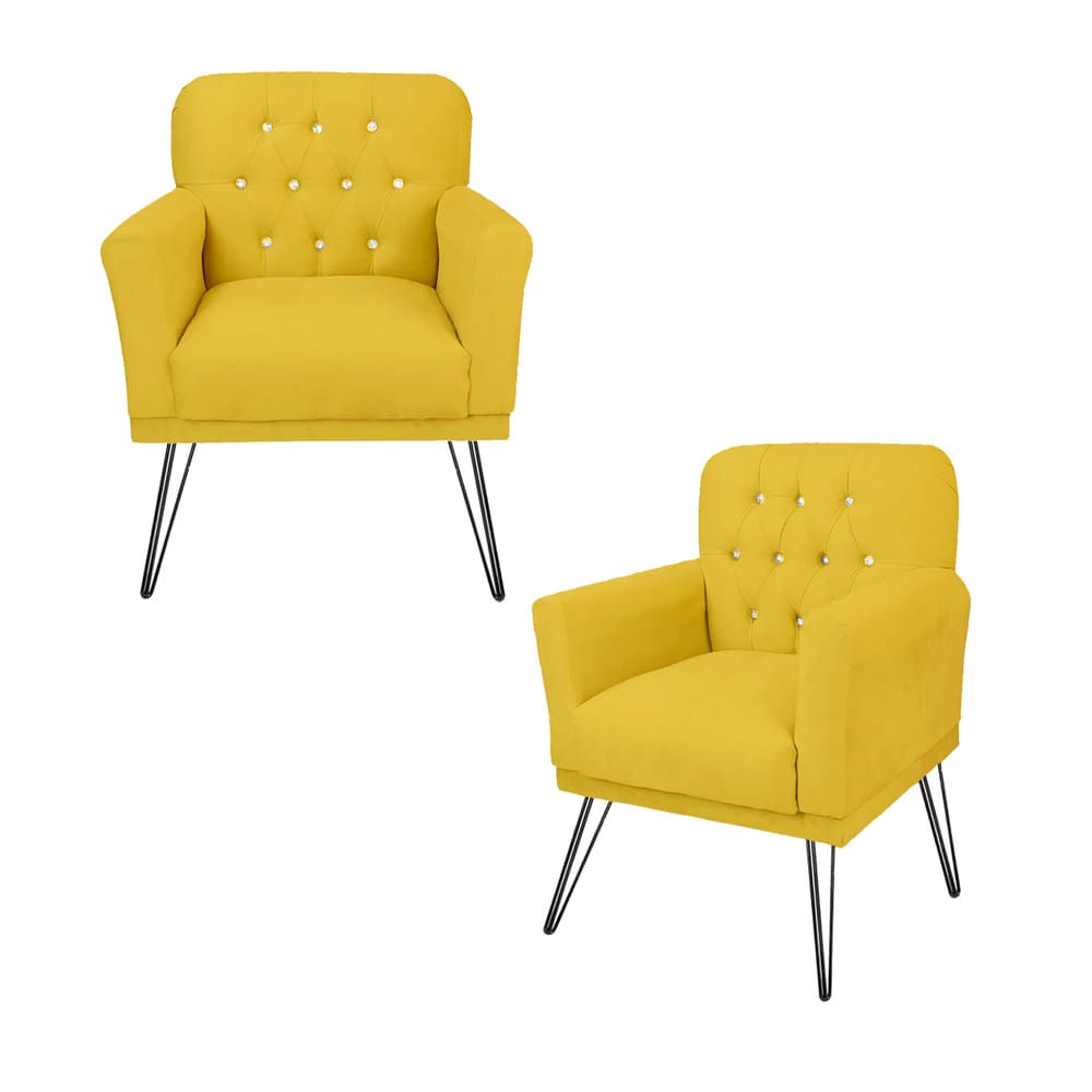 Kit 2 Poltronas Estofada Para Recepção Com Pés de Ferro Anitta Corano Amarelo - LM DECOR