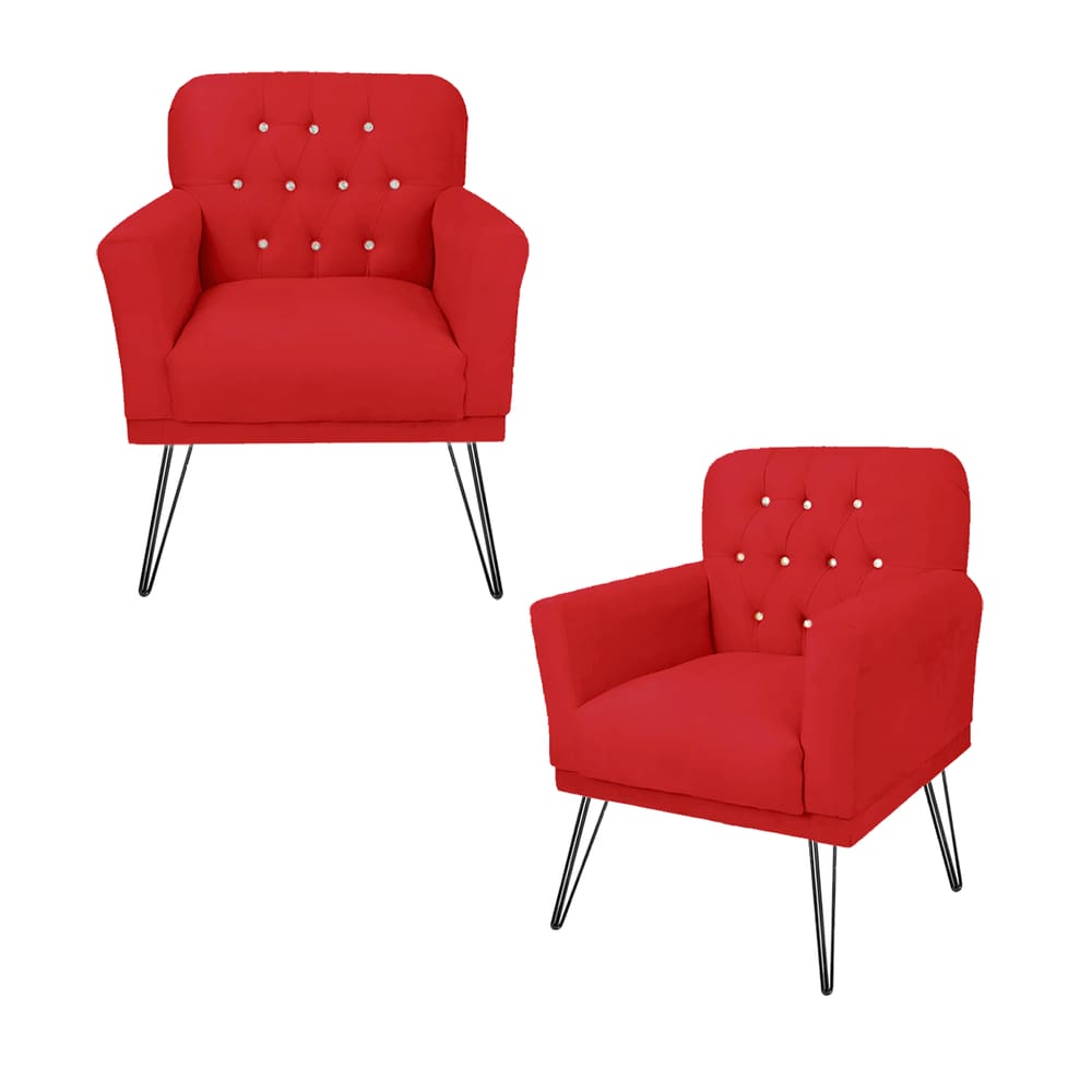Kit 2 Poltronas Estofada Para Recepção Com Pés de Ferro Anitta Corano Vermelho - LM DECOR