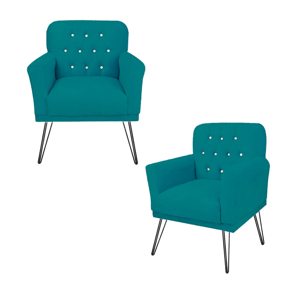 Jogo 2 Poltronas Decorativa Para Consultório Pés de Ferro Anitta Suede Azul Turquesa - LM DECOR