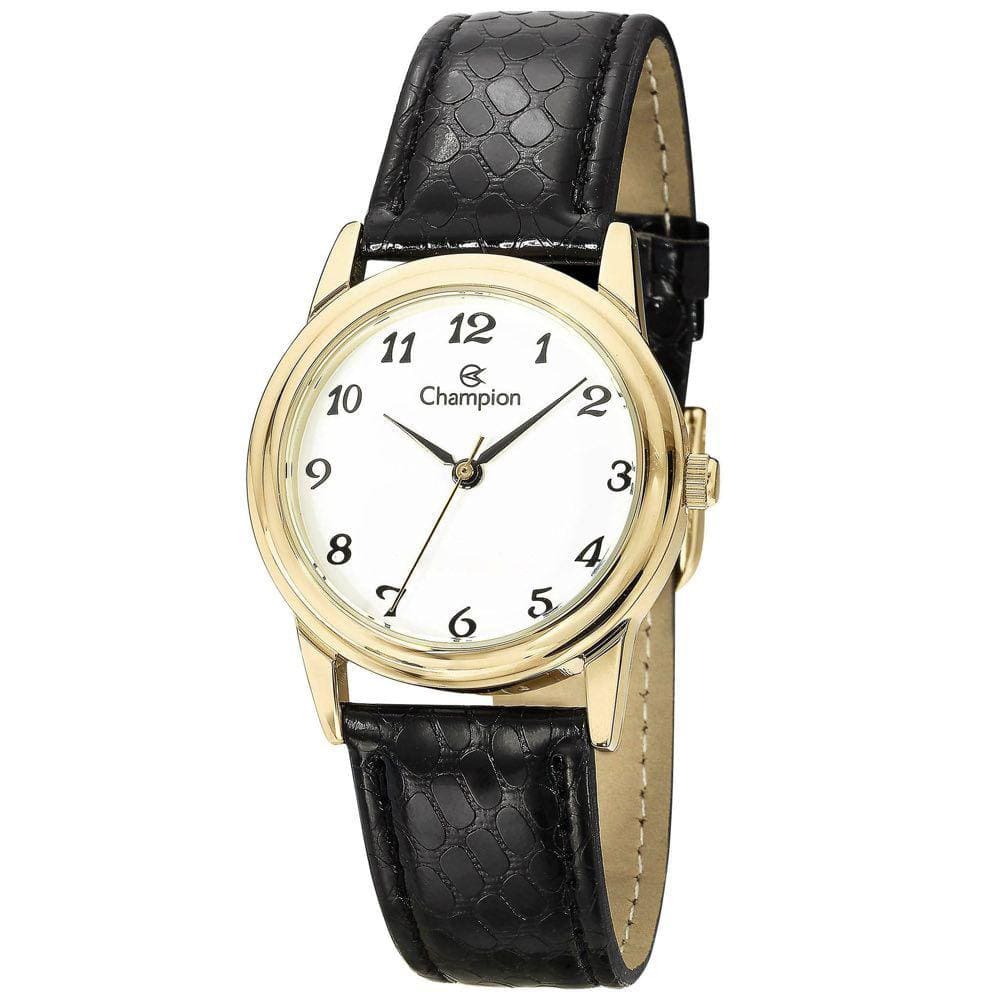 Relógio CHAMPION feminino dourado couro preto CN28008B