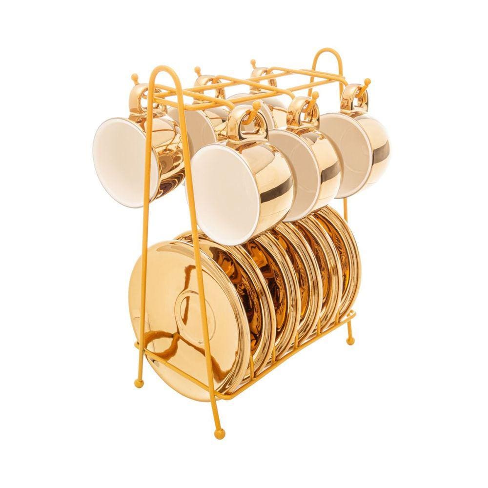 Cj 6 Xícaras Café Porcelana C/ Pires e Suporte Dourado 90ml
