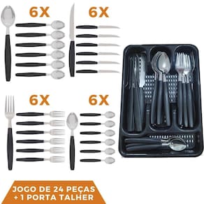 Faqueiro 24 Pçs Aço Inox C/ 1 Porta Talheres Berlim Preto