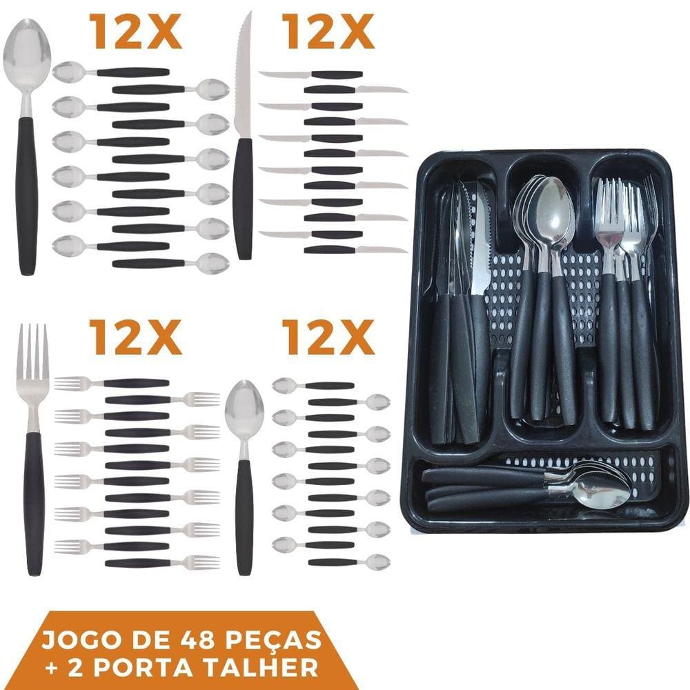 Faqueiro 48 Pçs Aço Inox C/ 2 Porta Talheres Berlim Preto