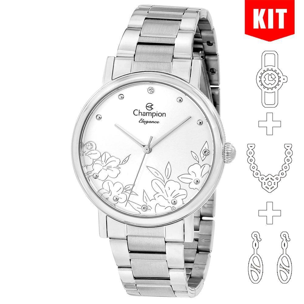 Relógio CHAMPION KIT feminino prata flor analógico CN25887Y
