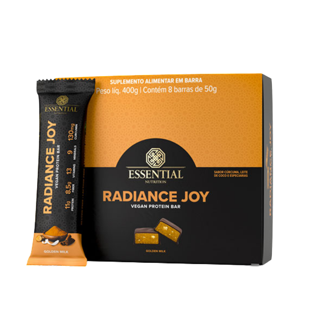 Radiance Joy Barra de Proteína Golden Milk Vegana 50g Essential Nutrition 8 Unidades
