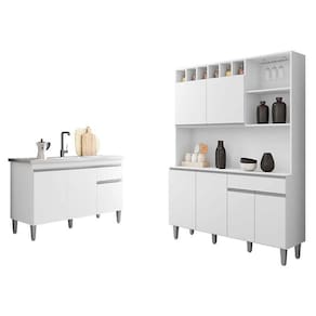 Balcão de Pia Tatiane 120 cm e Armário Cozinha Kit Alice Branco Brilho - AJL