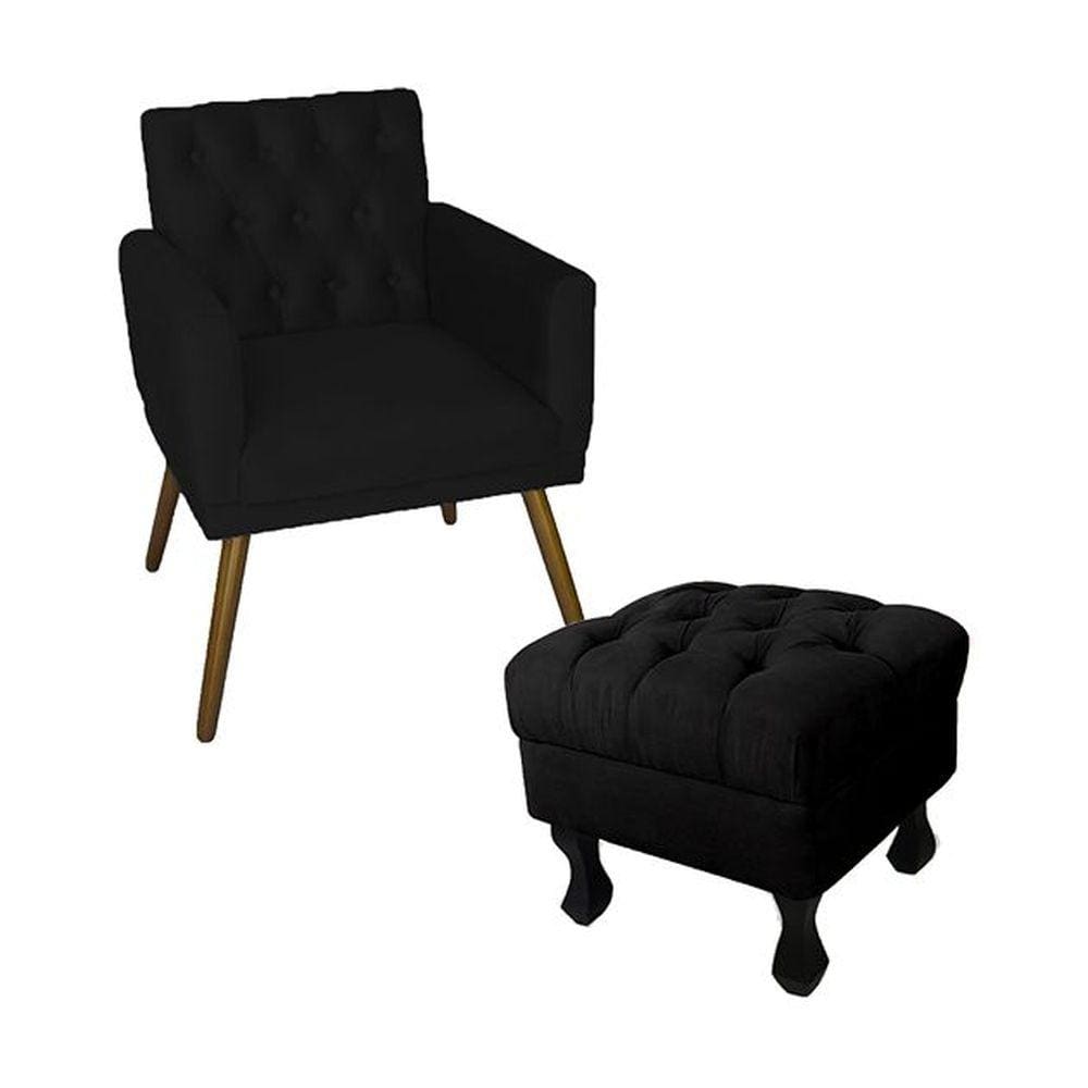 Kit Poltrona Emilia E Puff Retrô Para Sala Quarto Suede Preto - LM DECOR