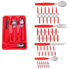 Kit Faqueiro Inox Berlim 48 Pçs C/ 2 Porta Talheres Vermelho