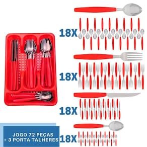 Faqueiro 72 Pçs C/ 3 Porta Talheres Vermelho Aço Inox Berlim