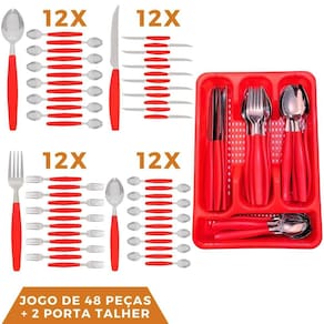Faqueiro 48 Pçs Aço Inox C/ 2 Porta Talheres Berlim Vermelho