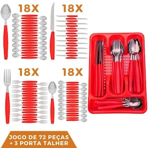 Faqueiro 72 Pçs Aço Inox C/ 3 Porta Talheres Berlim Vermelho