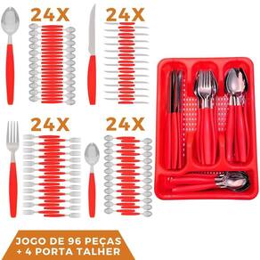 Faqueiro 96 Pçs Aço Inox C/ 4 Porta Talheres Berlim Vermelho